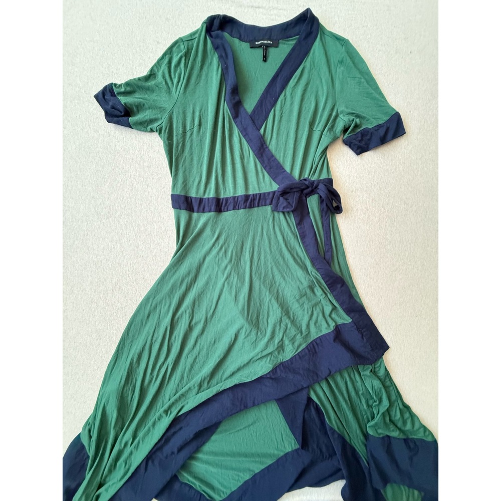 BCBGMAXAZRIA Green Navy Blue Colorblock Wrap Dress Short Sleeve Asymmetric Hem M